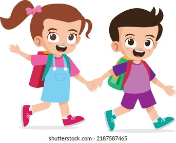 Cute kid boy and girl holding hand and go to school together