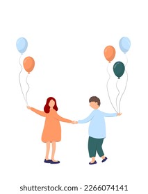 Cute kid boy and girl holding hands with balloons.Diverse brother and sister.Cartoon flat vector illustration.
