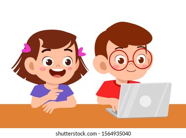 cute kid boy and girl using laptop vector