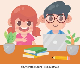 Cute kid boy and girl using laptop Premium Vector
