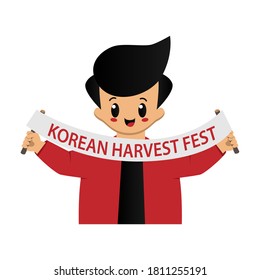 Niño lindo sosteniendo la bandera del diseño del festival coreano de cosecha aislado en fondo blanco