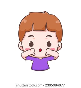 Cute kid boy showing thumb down gesture cartoon character. People expression concept design. Isolated background. Vector art illustration.