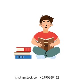 Cute kid boy sitting and read book at home, library or kindergarten. Early education and study for young child. Flat cartoon vector illustration isolated on a white.