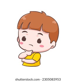 Cute kid boy thinking cartoon character. People expression concept design. Isolated background. Vector art illustration.