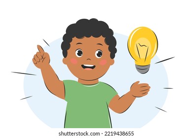 Cute kid boy thinking, child with idea, with lightbulb. Knowledge, creative thinking and education concept. Vector illustration