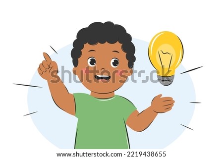 Cute kid boy thinking, child with idea, with lightbulb. Knowledge, creative thinking and education concept. Vector illustration