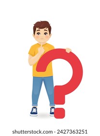Cute kid boy thinking standing behind question mark isolated vector illustration