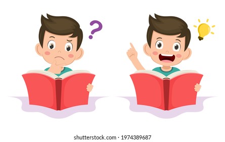 Cute kid boy thoughtful ask question. confused kid and happy to understand or found answer on reading book. cartoon vector illustration