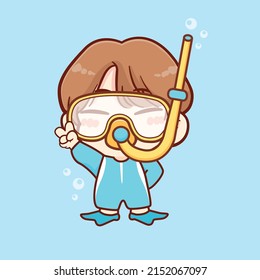 Cute kid boy wear scuba for diving and swimming at summer