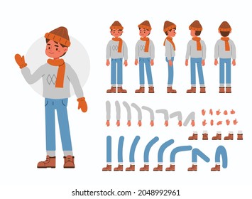 Cute kid boy wearing winter clothes. Character constructor for animation. Front, side and back view. Body parts and postures collection. Flat cartoon vector illustration isolated.