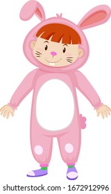 Cute kid in bunny costume in pink illustration