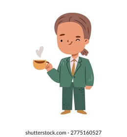 Cute kid businesslady drinking cup of coffee or tea. Vector in flat style, isolated office worker avatar of child wearing formal clothes. Sticker or emoticon, mascot of business personage