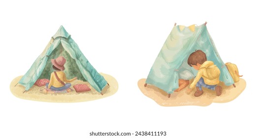 lindo niño camping acuarela ilustración vectorial 