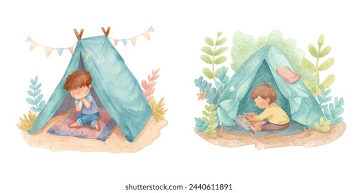 lindo niño camping acuarela ilustración vectorial 