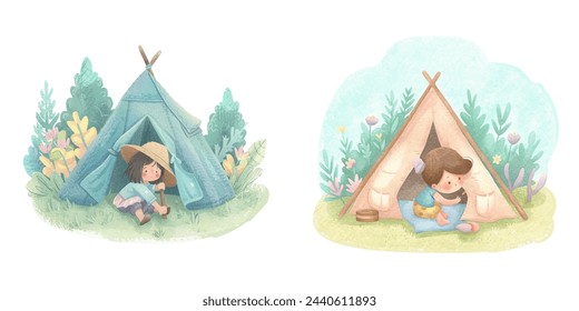 lindo niño camping acuarela ilustración vectorial