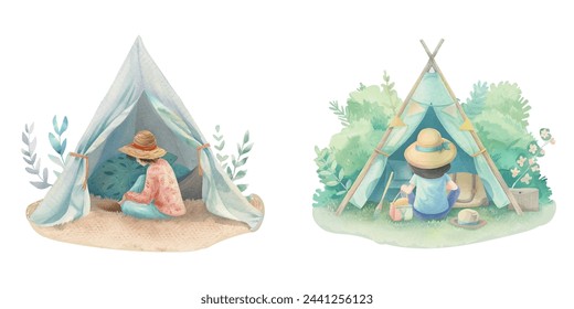 cute kid camping watercolour vector illustration 