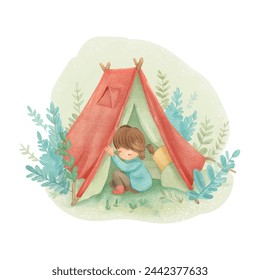 lindo niño camping acuarela ilustración vectorial 