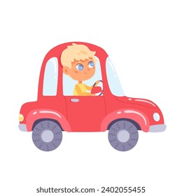 Cute kid car driver. Cartoon boy driving automobile isolated vector illustration. Toy vehicle with motor. Funny smiling chauffeur mini auto. Summer adventure. Travel time. Vacation trip.