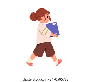 Cute kid carries paper book side view. Preschool child holds textbook in hands and goes. Happy little girl with story, notebook, copybook walks. Flat isolated vector illustration on white background