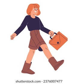 Cute kid carrying bag, hold schoolbag in hand. Girl walk, stepping. Student go to get knowledge, elementary education. Children back to school. Flat isolated vector illustration on white background