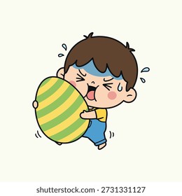 Cute Kid Carrying Big Easter Egg Funny Kawaii Cartoon Vector Illustration