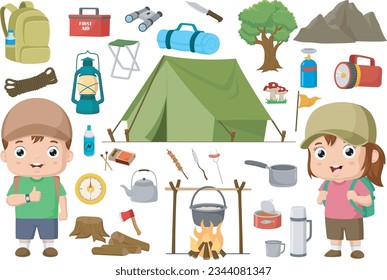 Cute-Kid-Cartoon mit Campingausrüstung