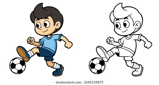 Dibujos Animados Lindos Niños Jugando Fútbol Para Colorear Páginas Para Niños. Libro para colorear de fútbol imprimible. Ilustración vectorial de bola de patada de dibujos animados de niño pequeño