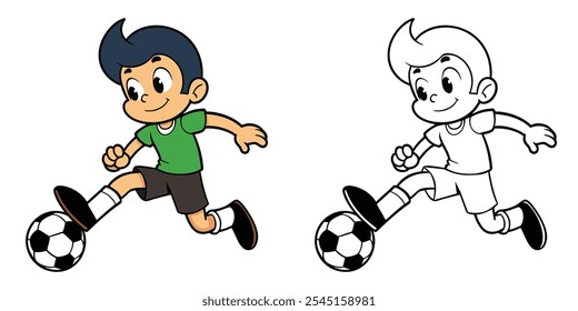 Dibujos Animados Lindos Niños Jugando Fútbol Para Colorear Páginas Para Niños. Libro para colorear de fútbol imprimible. Ilustración vectorial de bola de patada de dibujos animados de niño pequeño