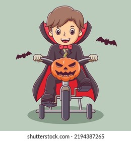 Cute Kid Cartoon Wearing Dracula Costume Riding a Bicycle. Kid Mascot Cartoon Character. Halloween Icon Concept . Flat Cartoon Style Suitable for Web Landing Page, Banner, Flyer, Sticker, Card