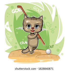 A cute kid cat in a golf club with a golf club and a ball. Illustration for children in cartoon style. Funny baby animal. Sport. Isolated on white background. Vector