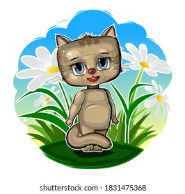 Cute kid cat on a flower meadow. Good kid animal. Illustration for children. Isolated on white background. Vector