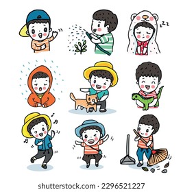 Cute kid character, kid activity, sleepy, growing plant, feeling sad, home cleaning, happy, singing, dancing, playing toy, love pet, greeting, hand drawn style vector illustration