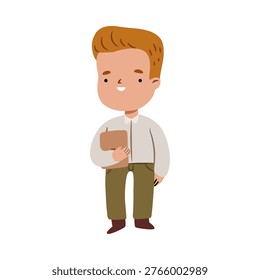 Cute kid character with documents. Vector in flat style, isolated businessman personage wearing formal clothes and smiling. Emoticon or mascot of manager or team leader, office worker avatar