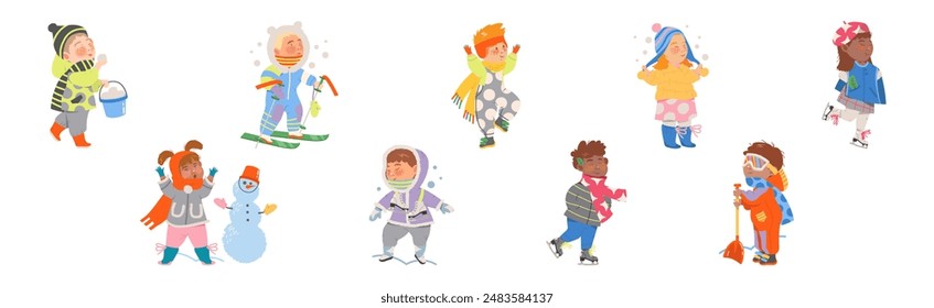 Cute Kid Character Doing Different Winter Activity Vector Set