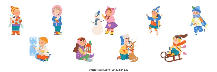 Cute Kid Character Doing Different Winter Activity Vector Set