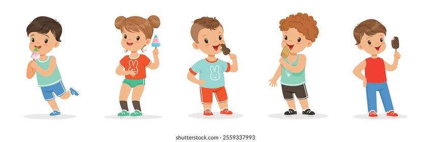 Cute Kid Character Eat Ice Cream Tasty Dessert Vector Set