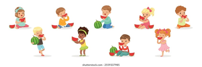 Cute Kid Character Eat Ripe Juicy Watermelon Fruit Vector Set