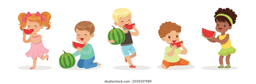 Cute Kid Character Eat Ripe Juicy Watermelon Fruit Vector Set