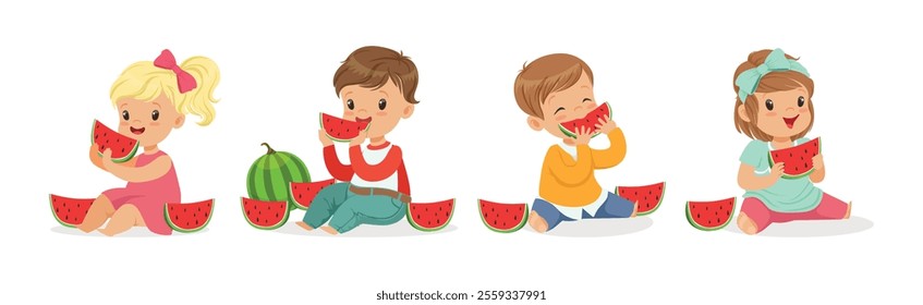 Cute Kid Character Eat Ripe Juicy Watermelon Fruit Vector Set