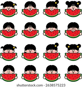 Cute kid character eating watermelon, summer fruit eater, cartoon style illustration, set of icons separated from white background
