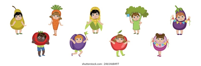 Cute Kid Character in Fruit and Vegetable Costume Vector Set