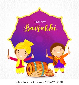 Cute kid character playing with drumstick and festival element on decorative background poster or banner of Happy Baisakhi.