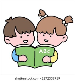 A cute kid character, reading a book, studying and doing homework, isolated on a background, for a back-to-school concept.
