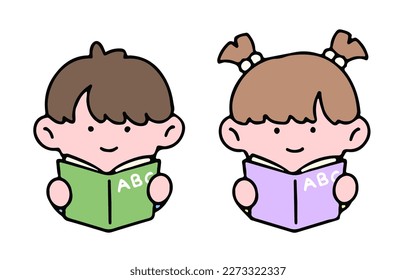 A cute kid character, reading a book, studying and doing homework, isolated on a background, for a back-to-school concept.