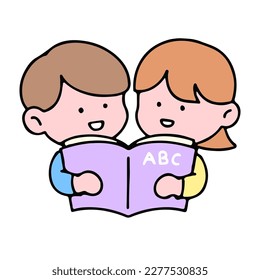 Un lindo personaje infantil, leyendo un libro, estudiando y haciendo deberes, aislado en un fondo, para un concepto de regreso a la escuela.
