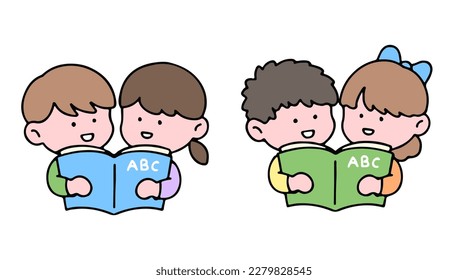 A cute kid character, reading a book, studying and doing homework, isolated on a background, for a back-to-school concept.