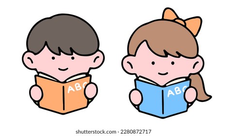 A cute kid character, reading a book, studying and doing homework, isolated on a background, for a back-to-school concept.