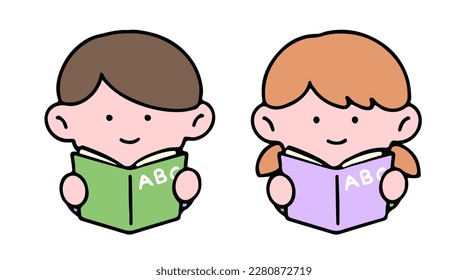 Un lindo personaje infantil, leyendo un libro, estudiando y haciendo deberes, aislado en un fondo, para un concepto de regreso a la escuela.