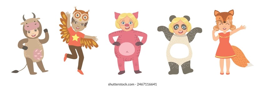 Cute Kid Character Wearing Animal Costume Enjoy Party Vector Set