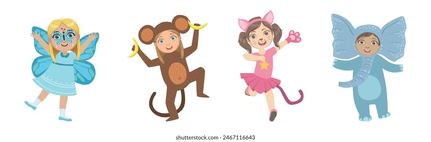 Cute Kid Character Wearing Animal Costume Enjoy Party Vector Set